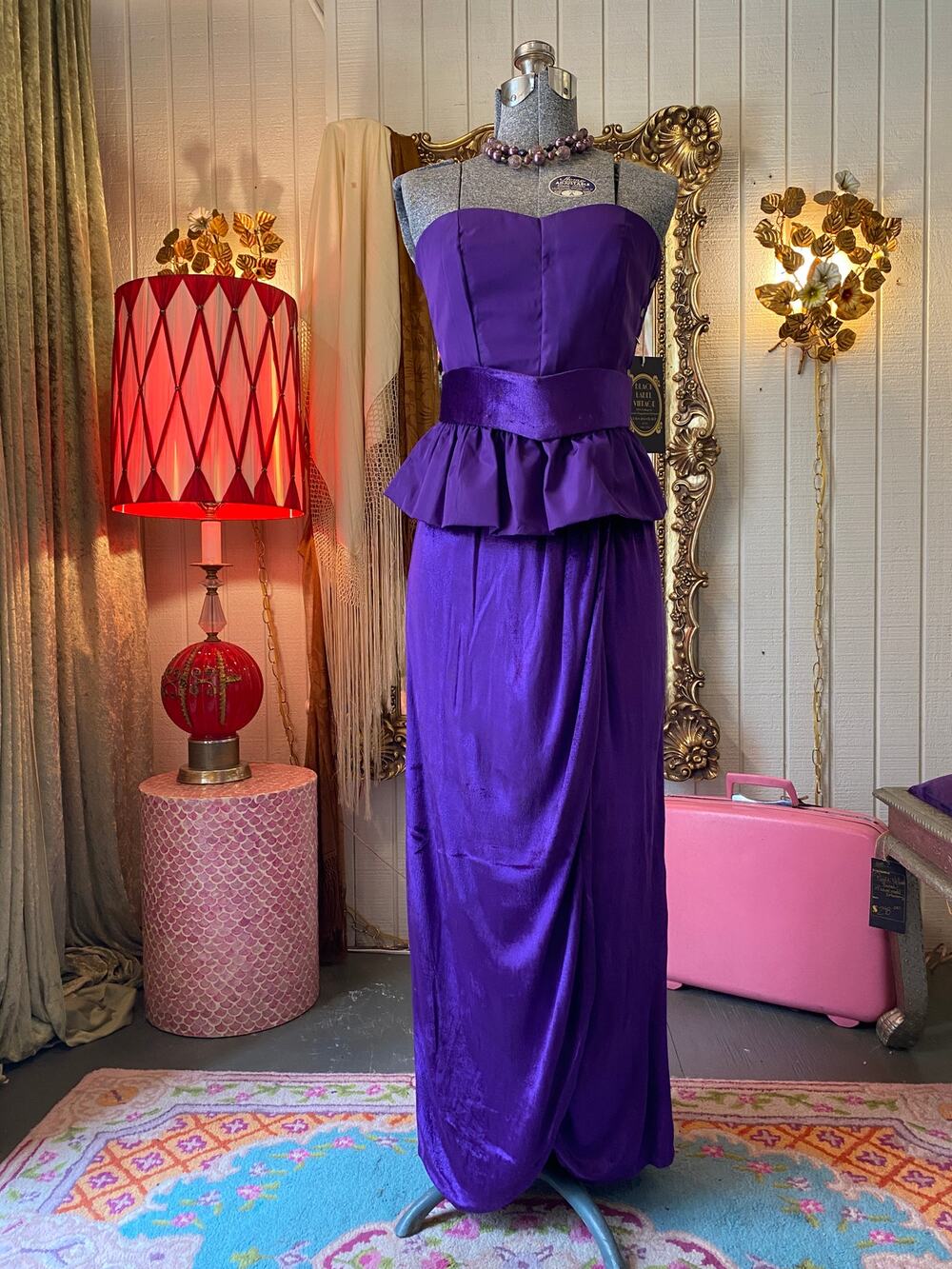 vintage 1970s 3 piece set, purple velvet maxi skirt, peplum bustier, 70s formal